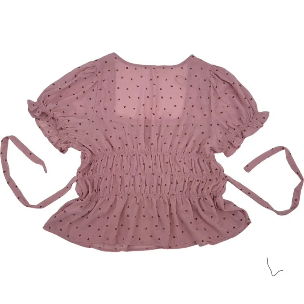 FREE PEOPLE New‎ Large Adore You Blouse Smocked Peplum Pink Floral Cottagecore